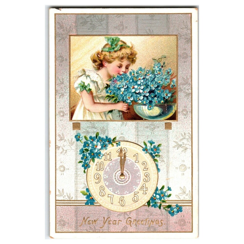 Raphael Tuck New Year Girl Flowers Clock Postcard 1909 Wheeling W.Va.